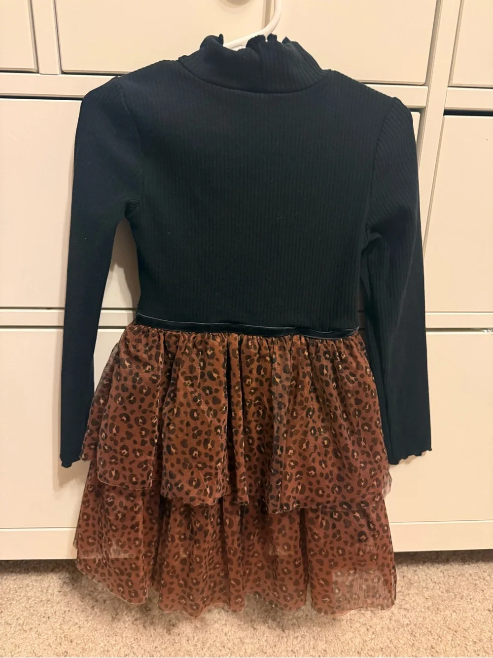Janie & Jack Black Knit Mock Neck dress with Brown Leopard Tiered Tulle Skirt